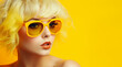 a girl with yellow hair wearing glasses, Place for your text, Digital Minimalism