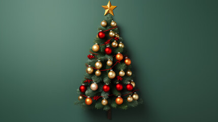 Flat lay of decorative Christmas tree. Plain color background.