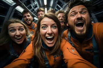 A group of excited space tourists floating in microgravity inside a spacious spacecraft cabin, experiencing the thrill of weightlessness