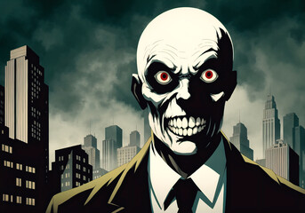 Wall Mural - Portrait of a scary zombie man in the city. Halloween.