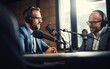 Two business experts are discussing in a studio recording their podcast. Generative AI