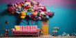 Edle Wohnecke mit schönen rosa flieder Farbenen Dekos und schöner Couch im modernen Stil im Querformat für Banner, ai generativ
