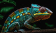 © ADDICTIVE STOCK - Generative AI illustration of realistic multicolored chameleon with iridescent skin in speckles sitting on branch of a bush over black background