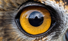 Generative AI Illustration Of Closeup Round Yellow Eye Of Brown Owl Looking Away At Dark Night