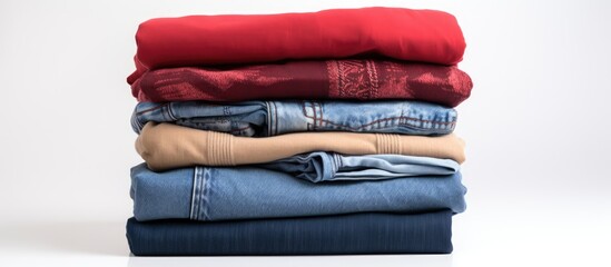 Wall Mural - Pile of clothes denims and tops against white background