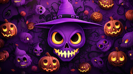 Poster - Halloween pumpkins and jack-o-lanterns, orange and purple