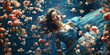 Wunderschönes Model Frau liegend mit einzigartigen blauen fliegenden Seiden Tüchern Nahaufnahme in Querformat als Banner, ai generativ