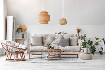 Poster - Interior of light living room with sofa, armchair and table