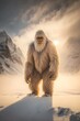 A giant yeti looking at camera snow mountain background blizzard snow in the foreground ice fog golden hour lighting sunset National Geographic awardwinning photography shot on Agfa Vista 
