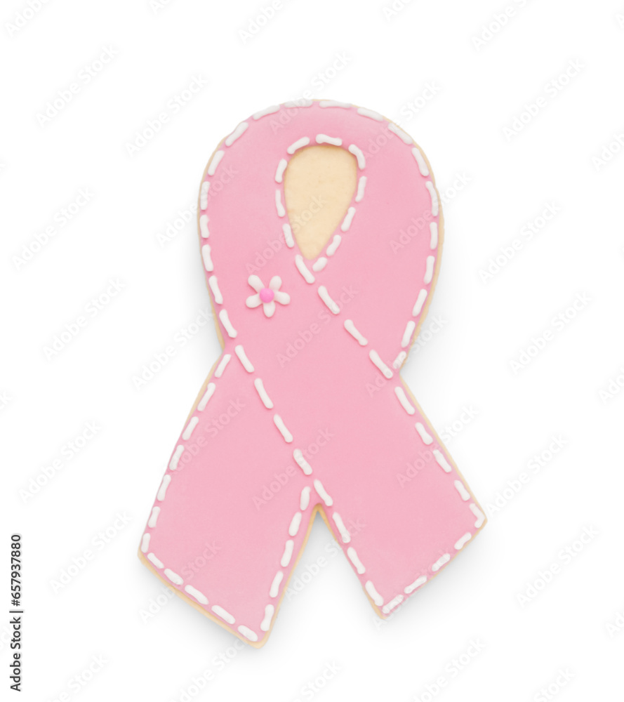 Cookie in shape of pink ribbon on white background. Breast cancer awareness concept