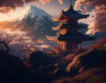 Ancient Japanese Temple At Sunset