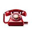 © PixelHD - An old fashioned red rotary phone isolated on a white background. Generative ai.
