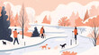 People in the park, children playing in the park, making snowman, skating, playing hockey, walking dog cartoon vector.