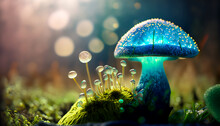 Fantasy Transluscent Blue Mushroom Close-up In The Forest AI Generated Illustration