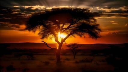 Wall Mural - african safari sunrise landscape tree in silhouette, stunning scenic travel landscape wallpaper, gen