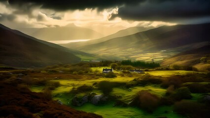 Wall Mural - Home in an Irish River Valley with Green Meadows in Ireland, Stunning Scenic Landscape Wallpaper, Generative AI