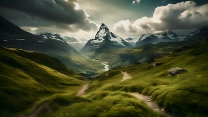 Wall Mural - sunrise over matterhorn peak in the swiss alps switzerland in europe, alpine wildflower meadow in su