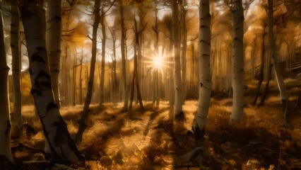 Wall Mural - aspen tree forest morning sunrise, sunbeams through morning fog and mist, scenic landscape, generati