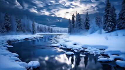 Wall Mural - a partially frozen river covered by fresh fallen snow at night with a full moon during winter, Stunning Scenic World Landscape Background, Generative AI