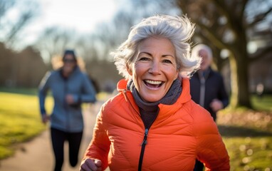 Wall Mural - An energetic and vibrant older individual enjoying a jog in a picturesque park. Generative AI