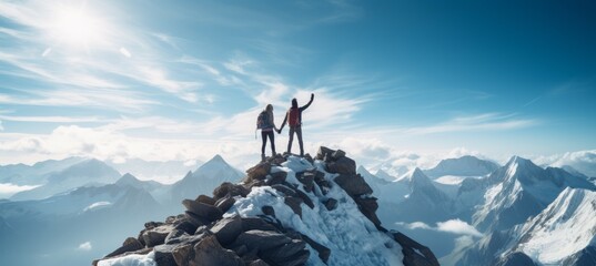 Wall Mural - Couple raised their hands celebrate for success hiking at top of a ice mountain. Generative AI technology.