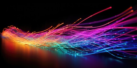 Shot of glowing fiber optic data streaming on dark background. Generative AI