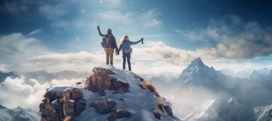 Wall Mural - Couple hiking snow mountain. Generative AI technology.	
