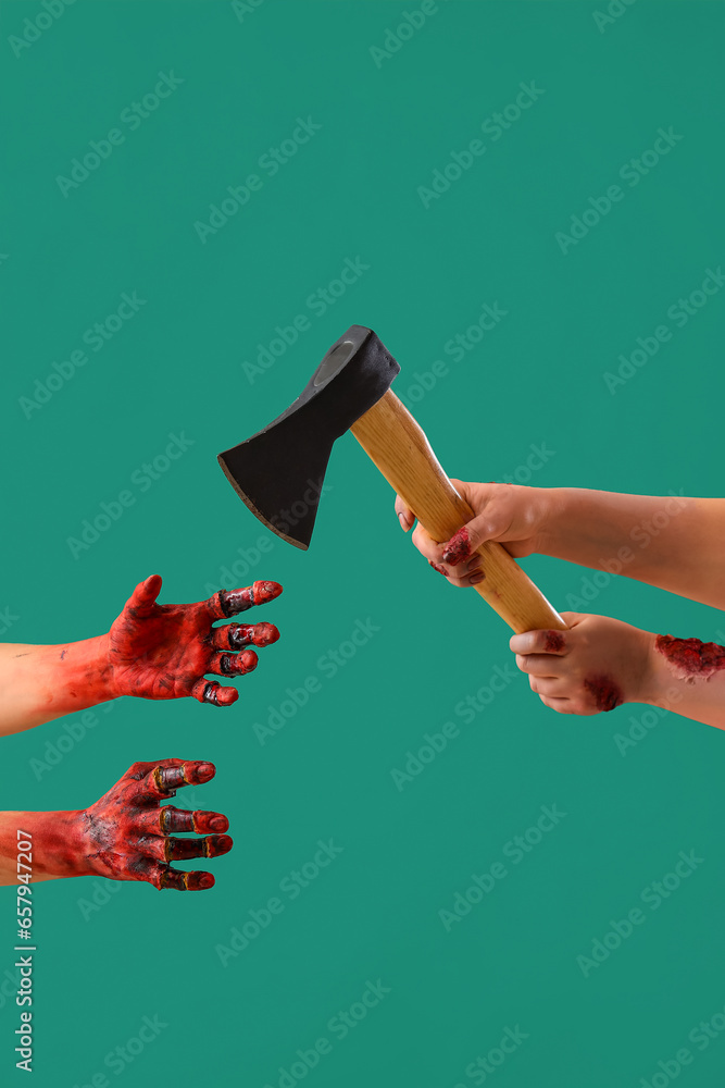 Zombie hands with axe on green background. Halloween celebration