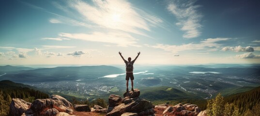 Wall Mural - Adult hiker success climbing mountain. Generative AI technology.	
