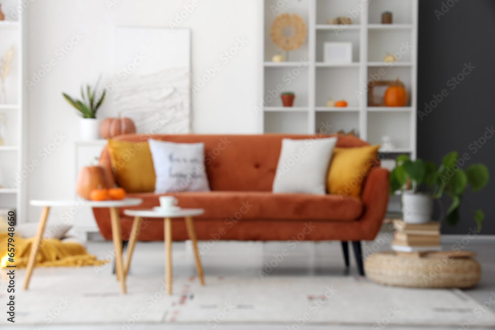 Blurred view of living room with red sofa and tables