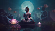 Buddha Statue Medtiation In Sit Position With Lotus , Old Temple And Moon Background.