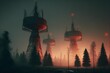 dark forest horizon with dystopian style communication towers and radar dishes in the distance year 2040 dying trees mountains in distance foggy weather red lights extra terrestrial forces at play 