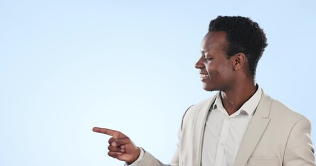 Poster - Happy black man, pointing and options in advertising or marketing in studio against a blue background. Portrait of African businessman smile and showing steps, list or information on mockup space