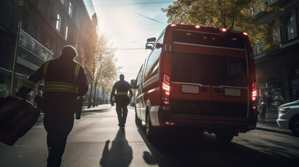 Paramedic swiftly moving a patient towards an ambulance