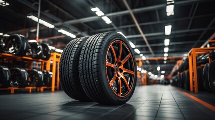 Wall Mural - An experienced hard worker is holding a tire and he wants to change it in a tire shop. focus on tires