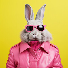 Wall Mural - Fashion rabbit in pink faux leather jacket. Trendy pink color