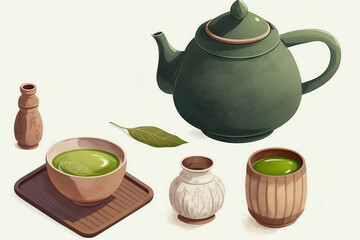 Sticker - matcha teapot hot. Matcha green tea vector set - matcha powder, latte, mochi, tea pot, bowl, bamboo spoon, whisk, tea leaves. Asian japanese and chinese drink ceremonyv