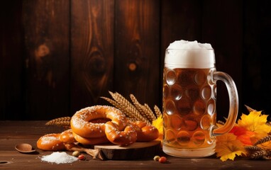 Wall Mural - A frosty mug of fresh beer paired with golden pretzels and a barrel on a wooden table against a dark background. Generative AI