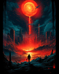 Wall Mural - illustration of an earth in the sun surrounded by mountains covered in red colored fog, linear illus
