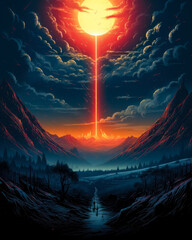 Wall Mural - illustration of an earth in the sun surrounded by mountains covered in red colored fog, linear illus