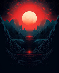 Wall Mural - illustration of an earth in the sun surrounded by mountains covered in red colored fog, linear illus
