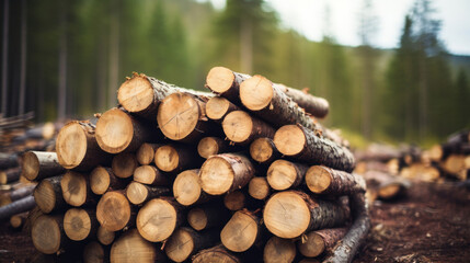 Cut trees in the forest close-up.