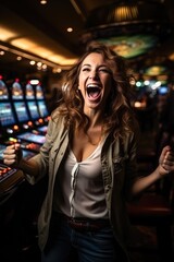 A happy joyful woman won in Casino. Generative AI