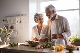Fototapeta  - Caucasian senior couple cooking and having dinner together in kitchen house background. Old people cooking and making salad nutrition cuisine menu.
