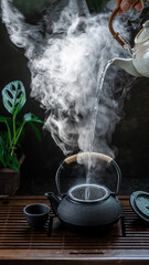 Wall Mural - Man making tea with boiling water. Close view of the wooden table with traditional chinese tea ceremony accesories and cups of tea. Steam from tea and incenses