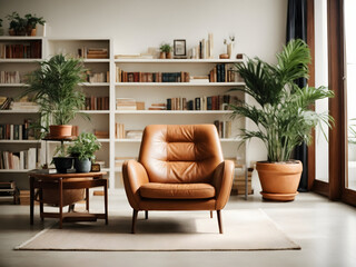 modern library with cozy armchair and book shelves with books arranged in room with potted plant