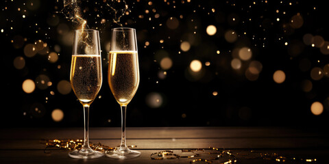 New year's eve celebration card background texture with champagne, confetti and large space for text