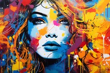 Colorful Graffiti Portrait Painting Of The Face Of A Beautiful Woman