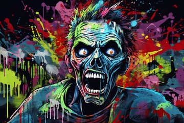 Wall Mural - A colorful wall graffiti painting of a zombie screaming