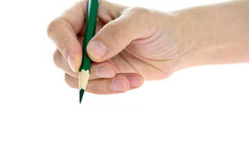 Wall Mural - Woman hand holding pencil on white background